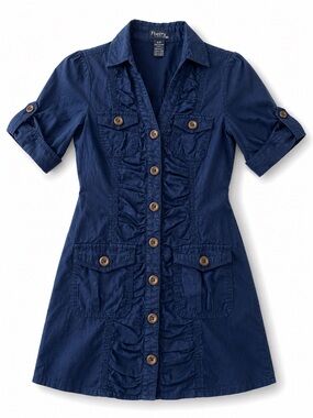Poetry Navy Ruffle-Front Button Shirt Dress